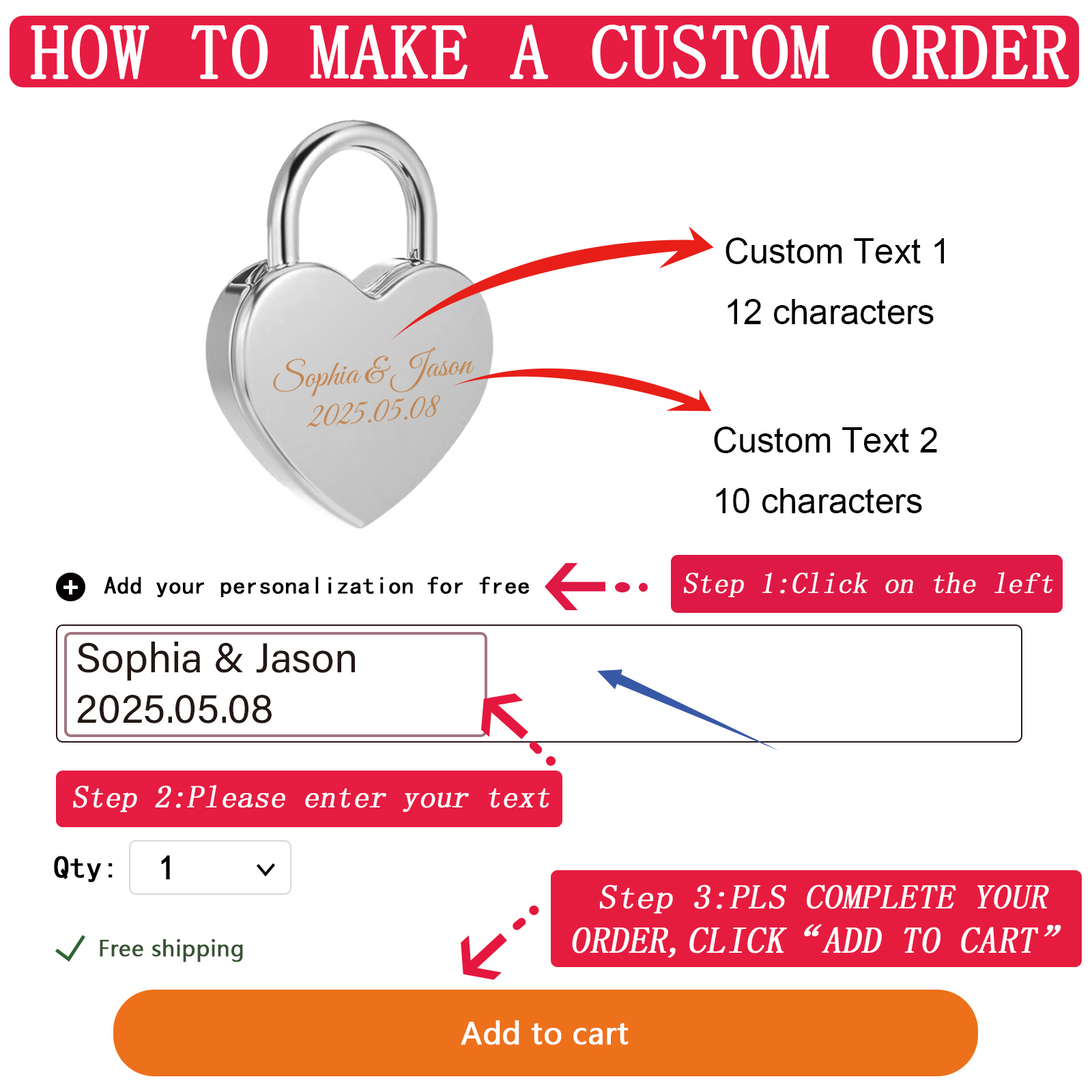 Customized Mini Heart-Shaped Padlock with Key for Necklaces